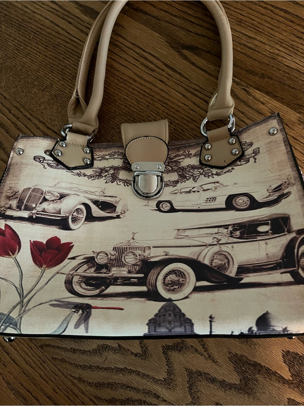 Beige Vintage Car 🚗 Print Shoulder Bag 💼
